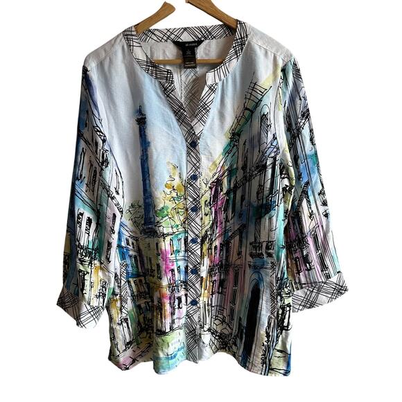 Ali Miles Mandarin Collar Tunic 3/4 Sleeve Button Front Blouse Top L City Print - Picture 3 of 12